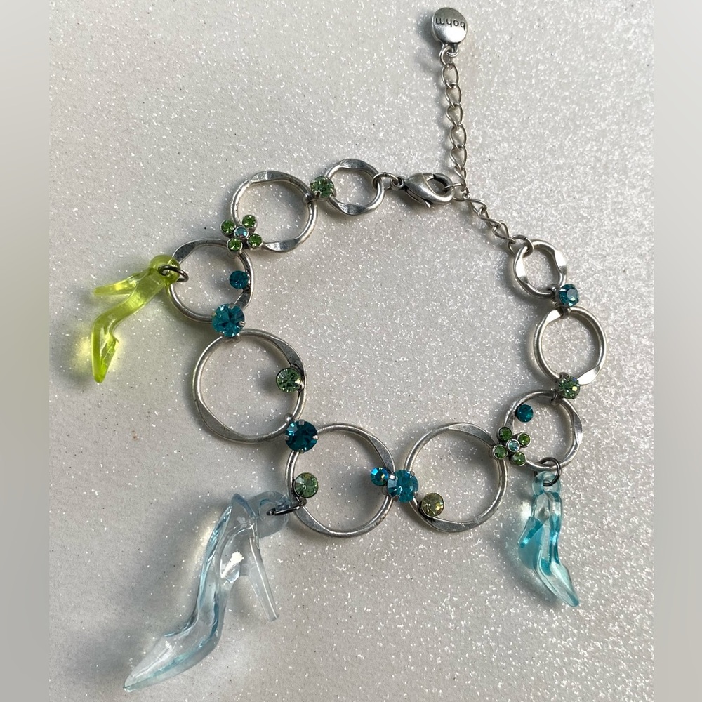 Stiletto high heel shoe crystal dainty shabby chic doll charm bracelet green